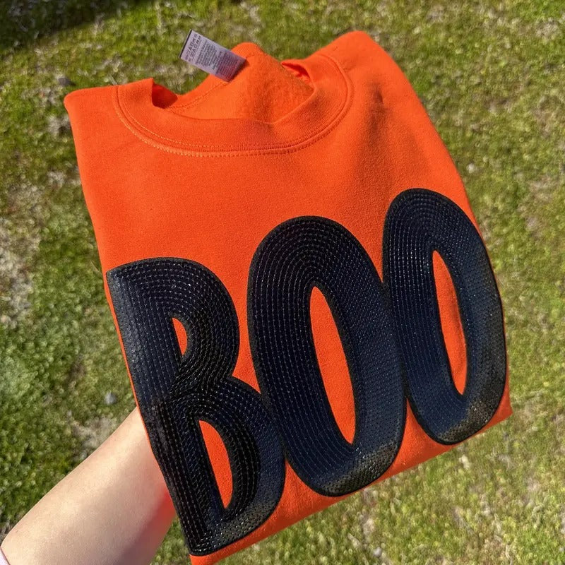 Black Sequin Boo Patch Sweatshirt T-Shirts, Hoodie | PodTeesHub.com