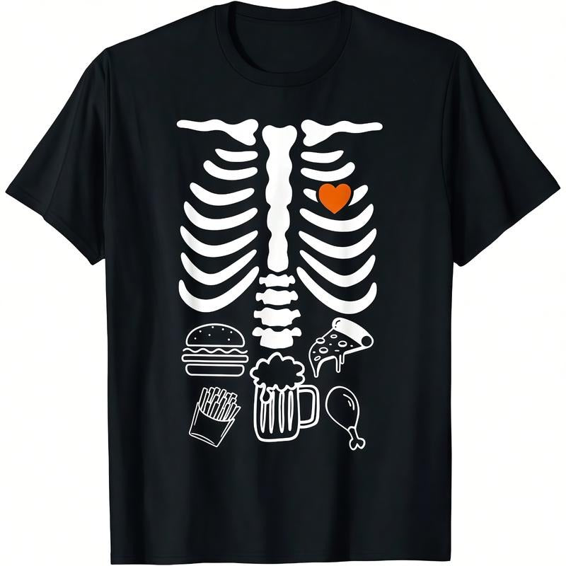 Black T-shirt with White Outline Drawings of Clover, Autumn Leaves, Tea, and Coffee, Featuring Soft Textured Brush...