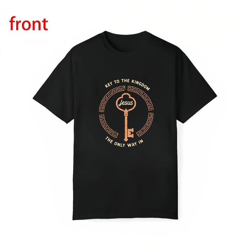 Black Tee with an Ornate Brownish-Yellow Key Motif and Inspirational "KEY TO THE KINGDOM" Declaration. Hoodie, Sweatshirt