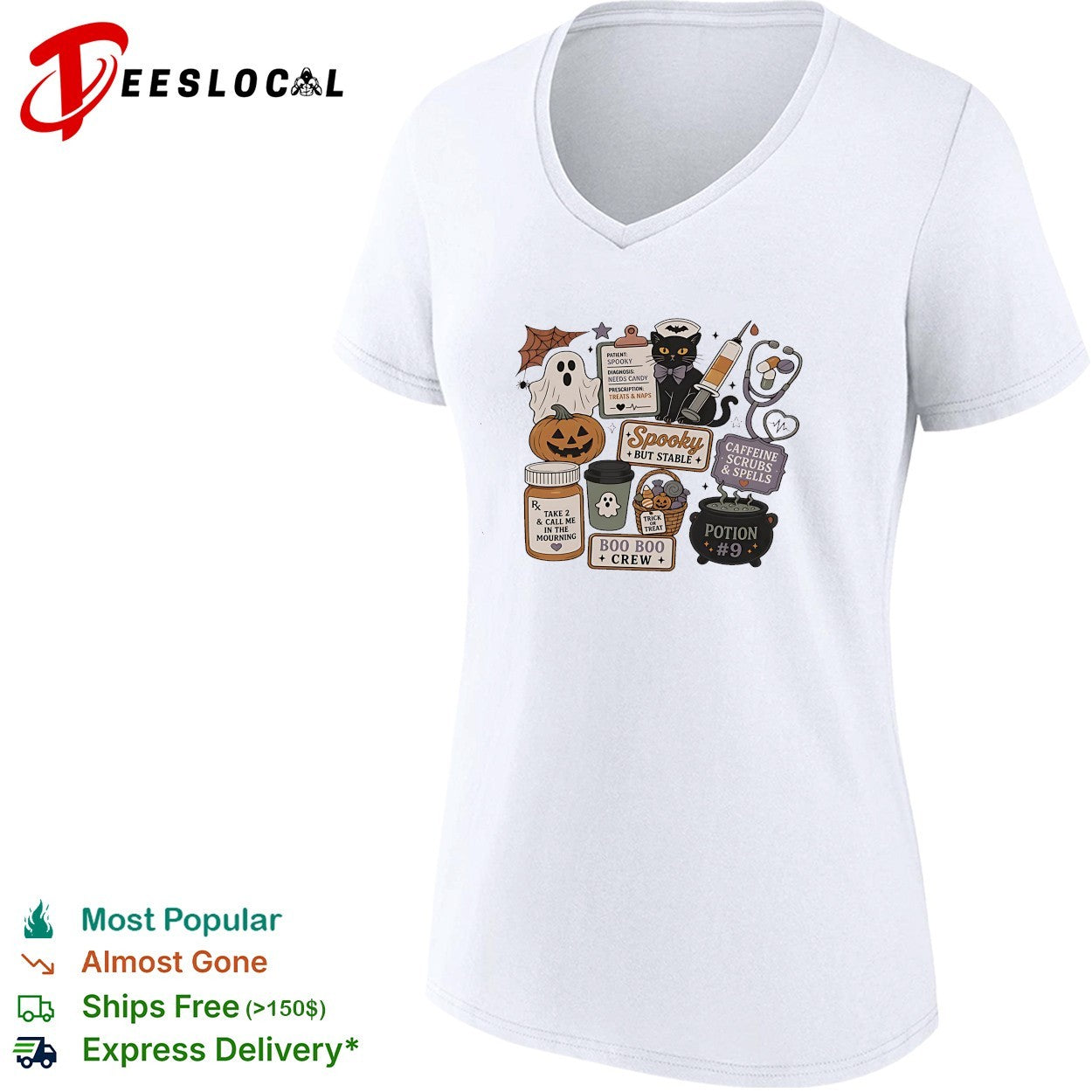 Black cat nurse spooky but stable caffeine scrubs and spells boo boo crew Halloween shirt