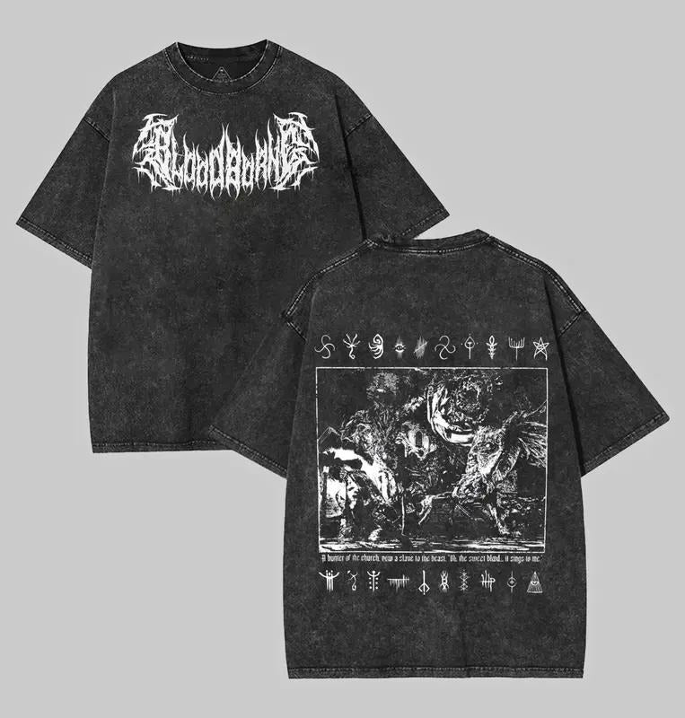 Bloodborne Washed Graphic Tee - Vintage Cotton T-Shirt for Game Fans, Casual Streetwear Menswear, Gamer Gift, Soulsborne...
