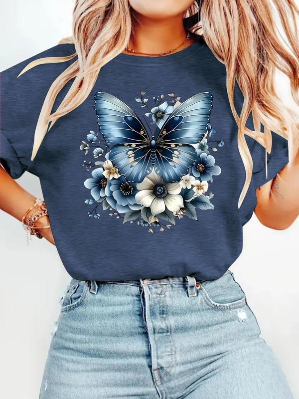 Blue Butterfly Floral Print Vintage Style Women's Summer Casual Sports Top, Round Neck Short Sleeve T-Shirt, Comfortable...