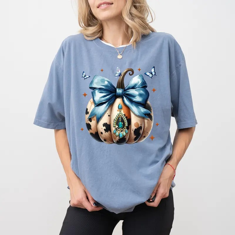 Blue Coquette Bow Pumpkin Shirt Comfort Colors, Cute Leopard Pumpkin Tees For Girls, Girly Fall Pumpkin Tshirt, Vintage...