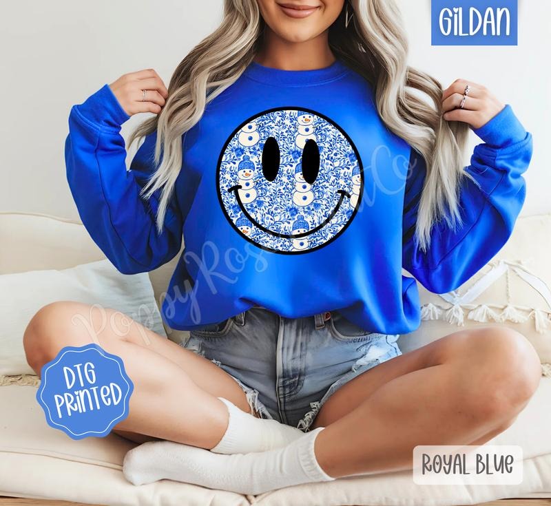 Blue Snowman Smiley Sweatshirt, Trendy Women's Christmas Crewneck T-Shirts, Hoodie | PodTeesHub.com