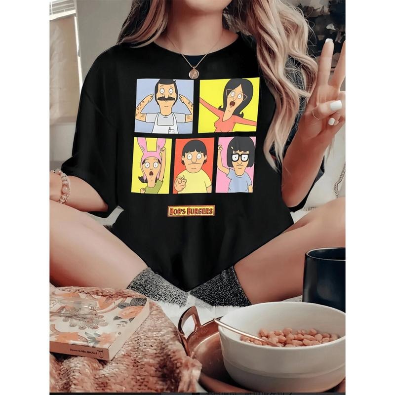 Bob'S Burgers Graphic Print T-Shirt for Women, Casual Crew Neck, Polyester Knit Fabric with Medium Stretch, Short Sleeve...