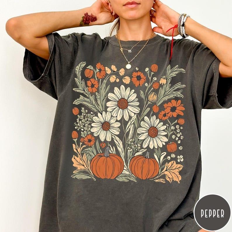 Boho Fall Floral Comfort Colors Shirt, Retro Fall Tshirt, Autumn Vibes Shirt, Pumpkin Season Graphic Tee, Vintage Fall...