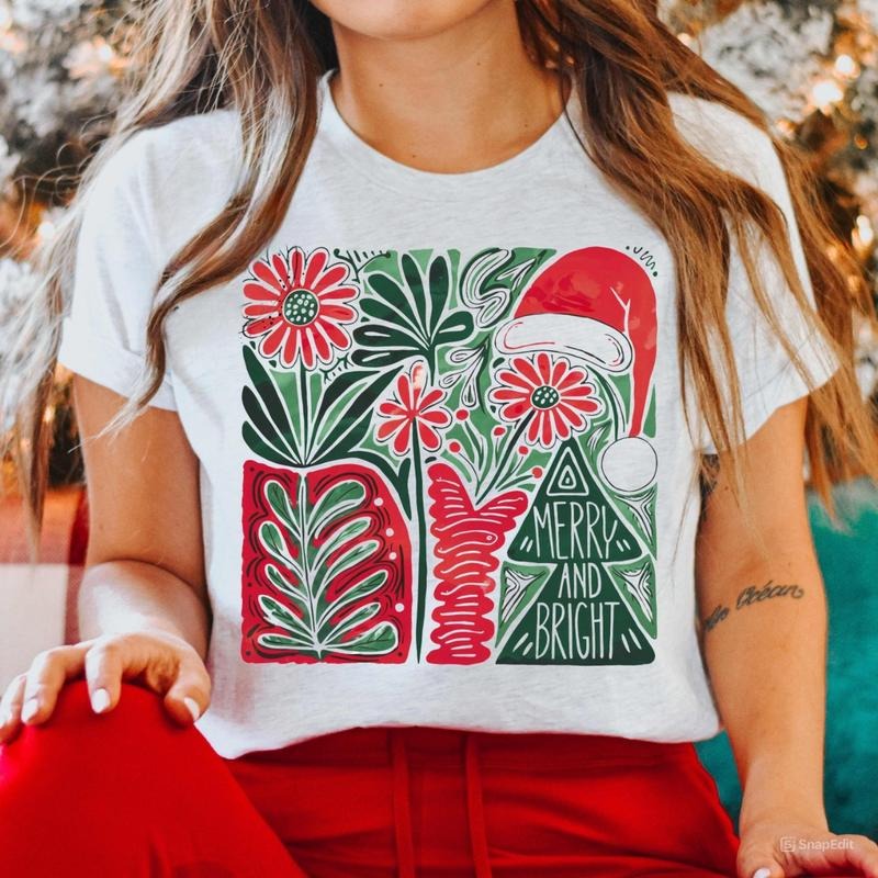 Boho Floral Christmas Merry and Bright Shirt, Boho Floral Christmas Tree Unisex Tee Hoodie, Sweatshirt | PodTeesHub.com