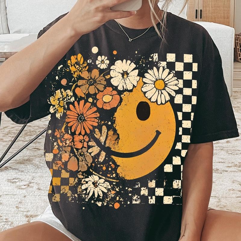 Boho Floral Smiley Face Fall Pumpkin Checkered Shirt, Thanksgiving Autumn  Fall Tee, Pumpkins Boho Floral Top Gift for...