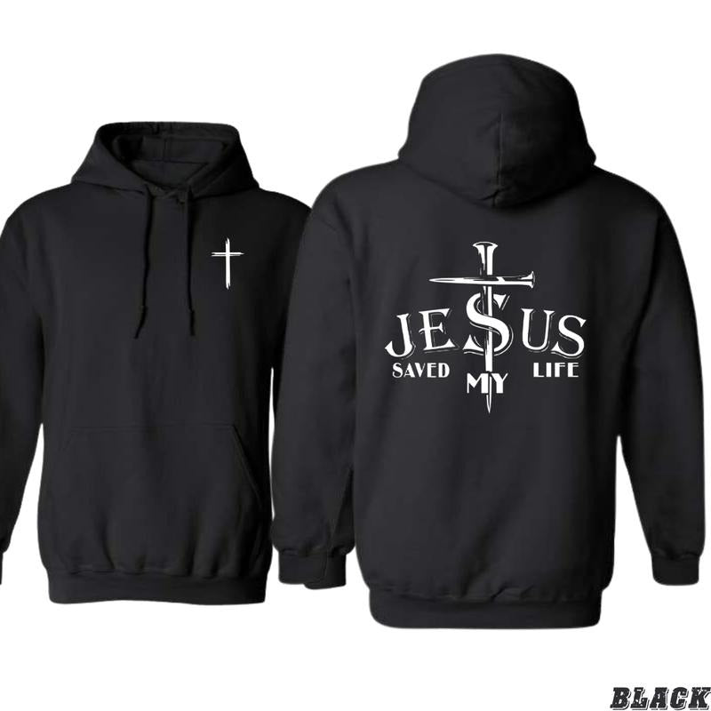 Bold Faith Message Jesus Saved My Life Hoodie - Cross and Nail Design for Men - Menswear, Sweatshirts T-Shirts