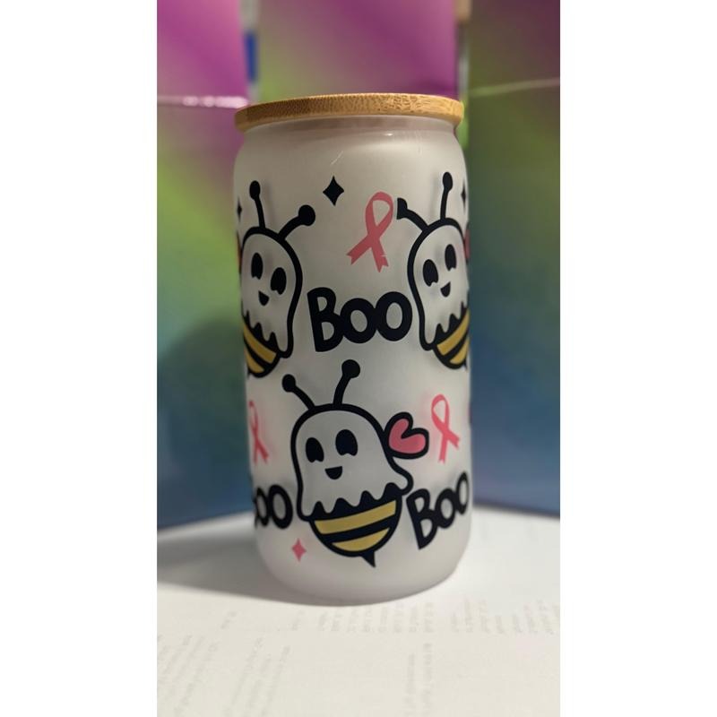 Boo Bee Breast Cancer Awareness Glass Can | Frosted Cup with Bamboo Lid | Cute Halloween Support Gift T-Shirts, Hoodie,...