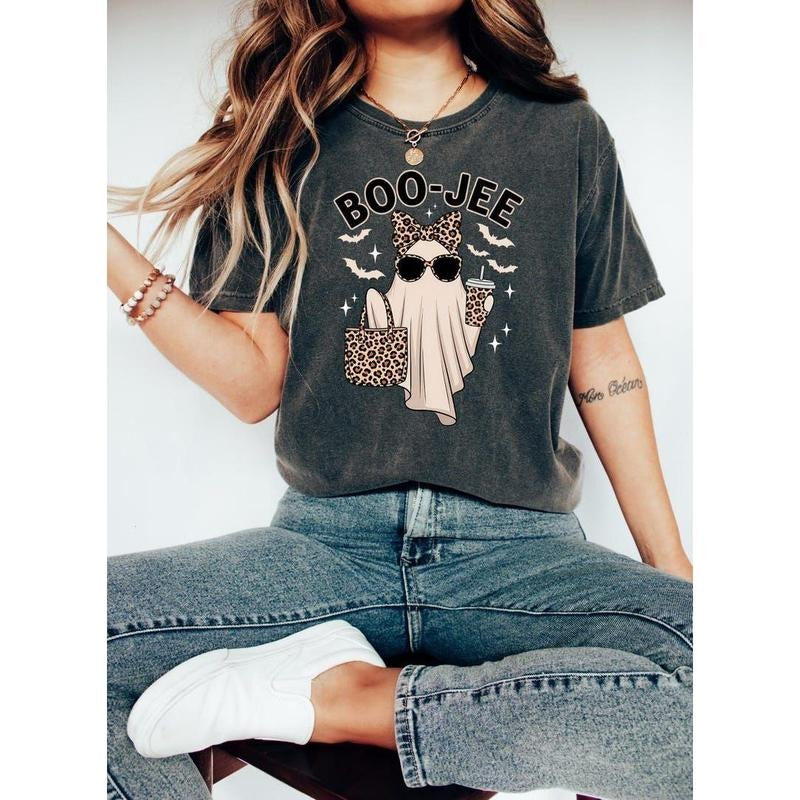 Boo-Jee Ghost Sweatshirt, Leopard Ghost Tee, Ghost Coffee T-Shirt, Funny Fall Shirt, Ghost Tee, Girly Halloween Gift,...