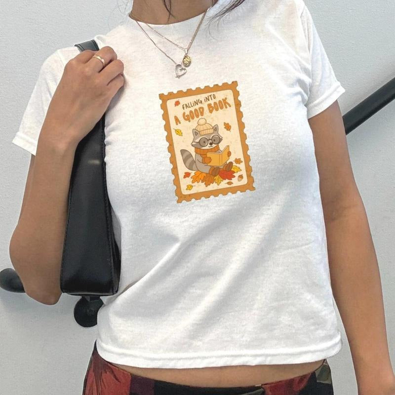 Bookish shirt Fall Baby Tee Book Lover Shirt Halloween Baby Tee Raccoon Shirt Y2k Baby Tee Book Autumn Reading Cozy...