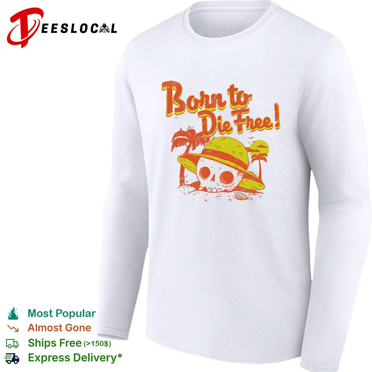 Born to Die Free skull beach straw hat palm trees shirt