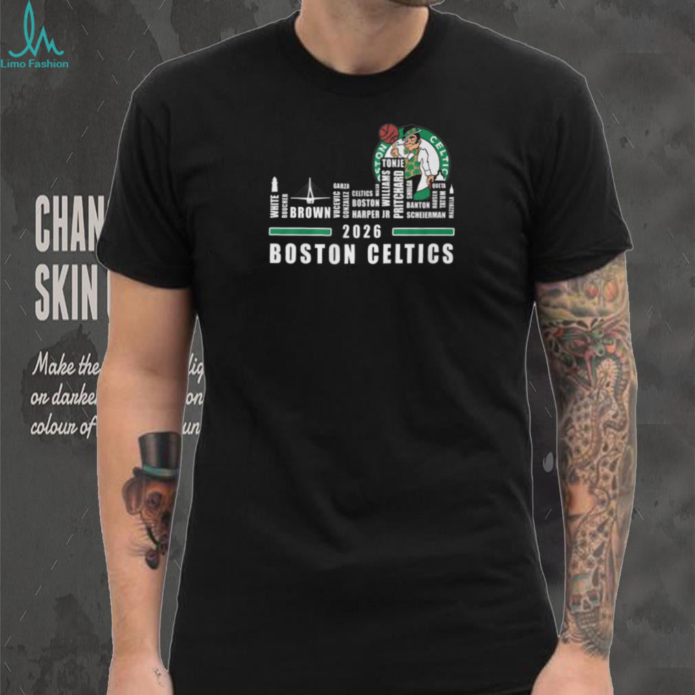 Boston Celtics 2026 Roster Player Names Green White Basketball City Skyline T Shirt