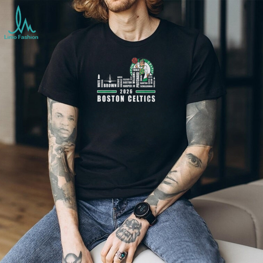 Boston Celtics 2026 Roster Player Names Green White Basketball City Skyline T Shirt