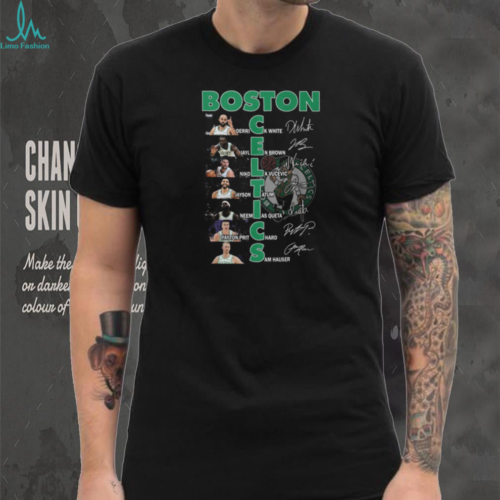 Boston Celtics NBA Basketball Players White Brown Tatum Signatures Vertical Team Name T Shirt