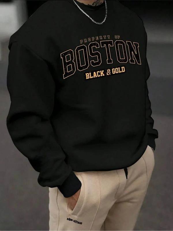 Boston Letter Print Pullover Sweatshirt, Round Neck Long Sleeve, Loose Fit Sporty Casual Sportswear, Perfect for Daily...