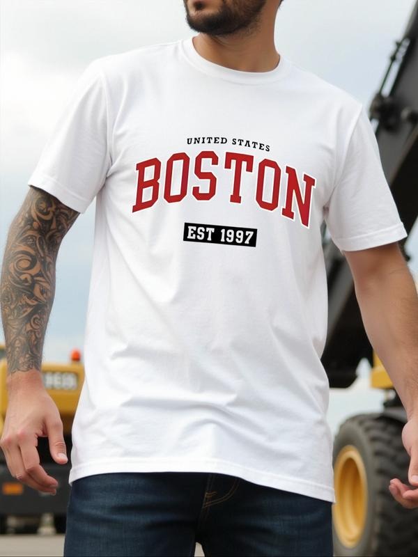 Boston Letter Print T-Shirt, Comfortable Casual Graphic Tee for Daily Wear, Stylish Fitted Summer Top, Moderate Fabric...