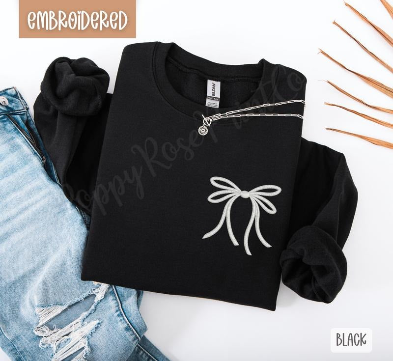 Bow Embroidered Crewneck Sweatshirt T-Shirts, Hoodie | PodTeesHub.com