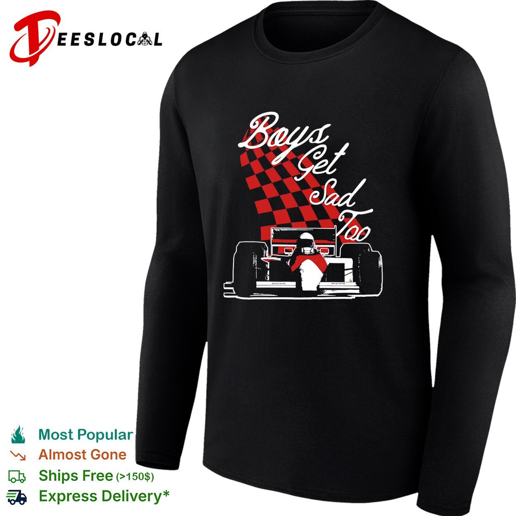 Boys get sad too race car driver sitting checkerboard pattern shirt