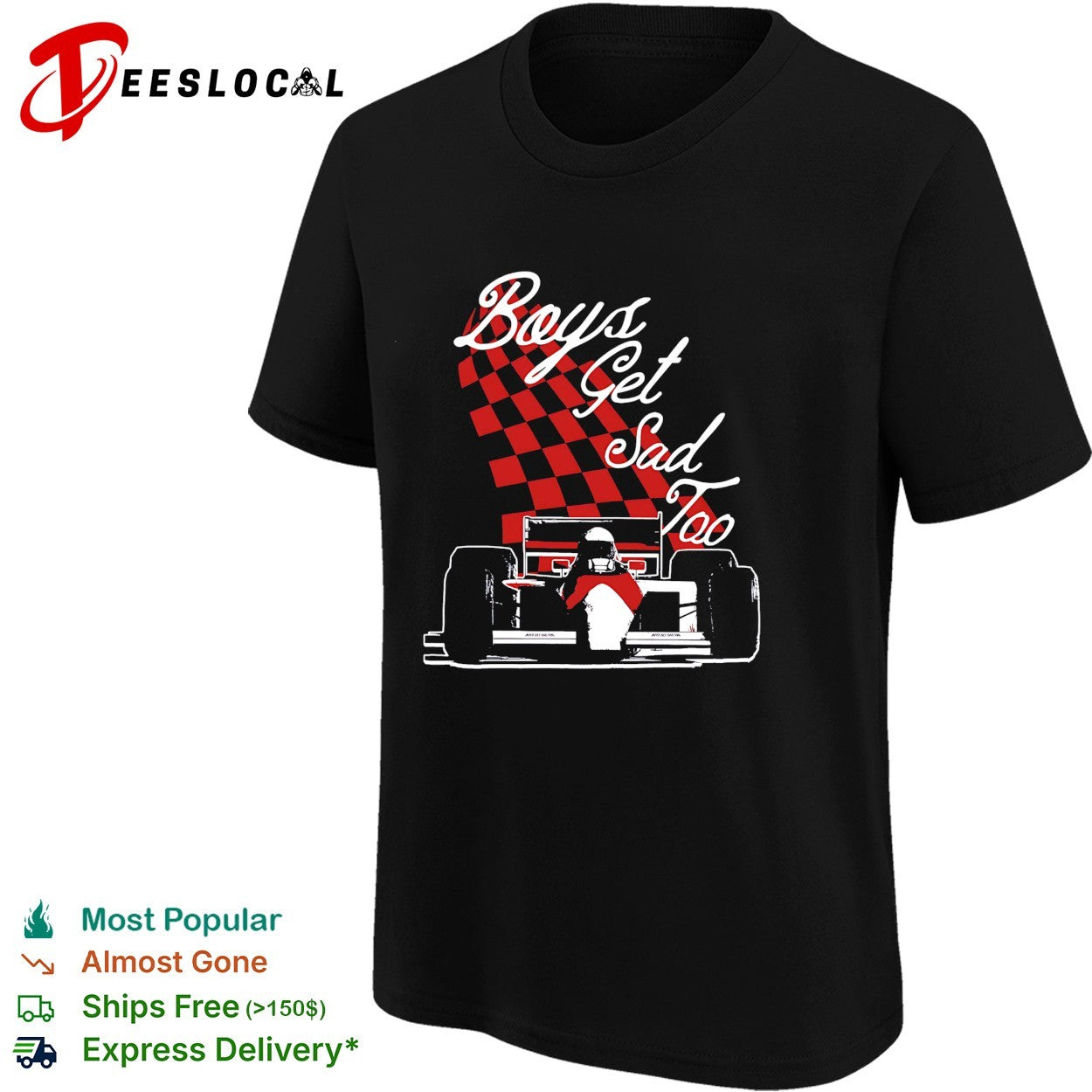 Boys get sad too race car driver sitting checkerboard pattern shirt