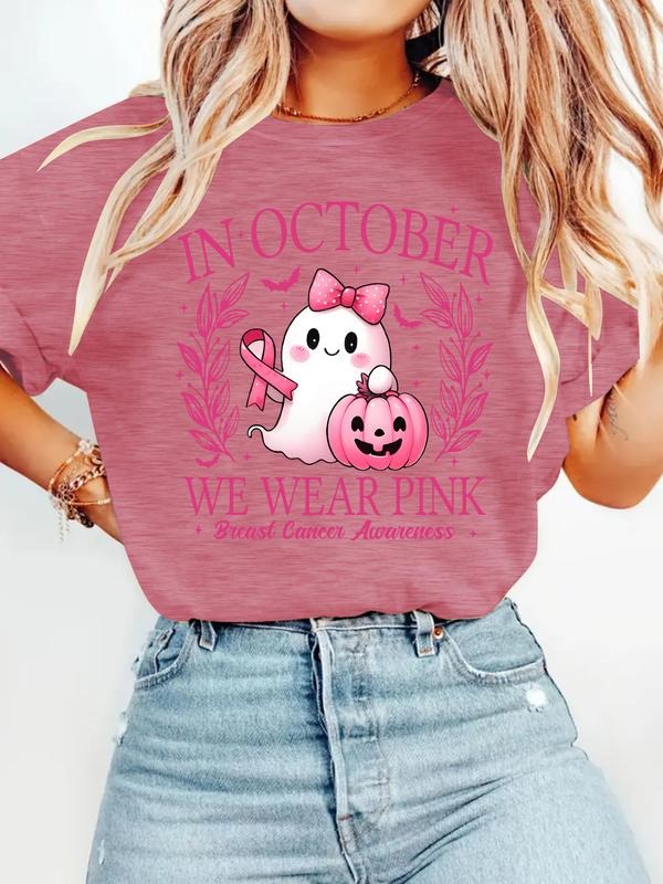 Breast Cancer Awareness Halloween Ghost Print Women's Summer Casual Fitted Round Neck Short Sleeve T-Shirt S-Xxl Hoodie,...