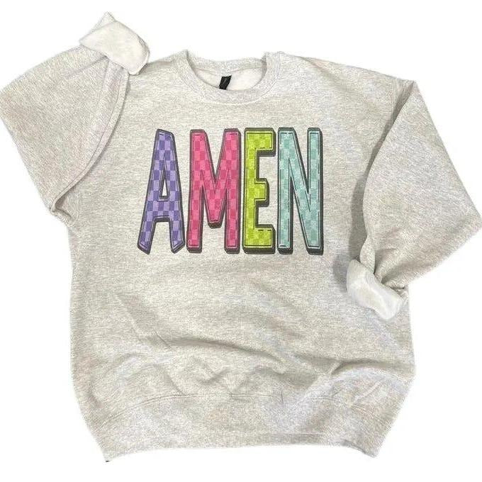Bright Colored AMEN on Ash Gray Sweathirt T-Shirts, Hoodie, Sweatshirt | PodTeesHub.com