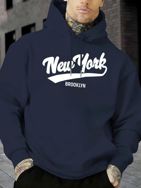 Brooklyn Street Style Graphic Print Fleece Hoodie, New Spring Autumn Winter Thick Fabric Loose Fit Pullover Sweatshirt...