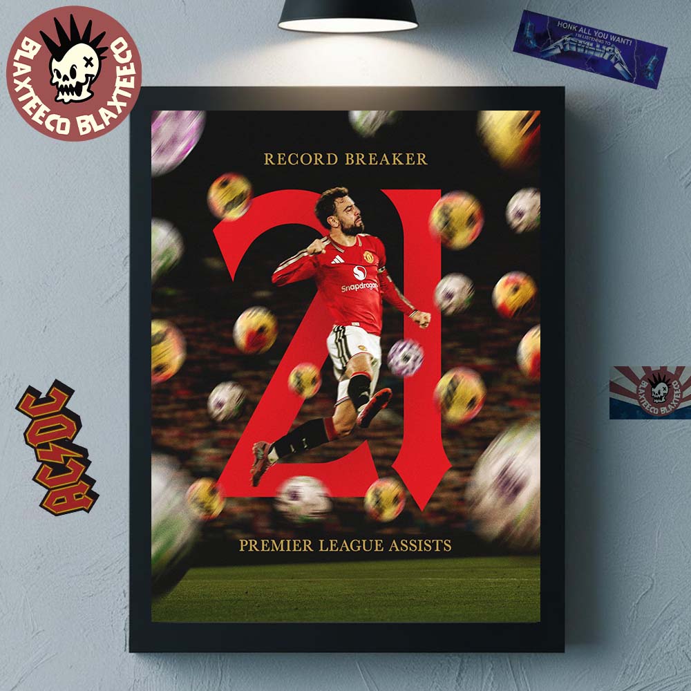 Bruno Fernandes Manchester United 2025 2026 Premier League 21 Assists Record Breaker Home Decor Poster Canvas