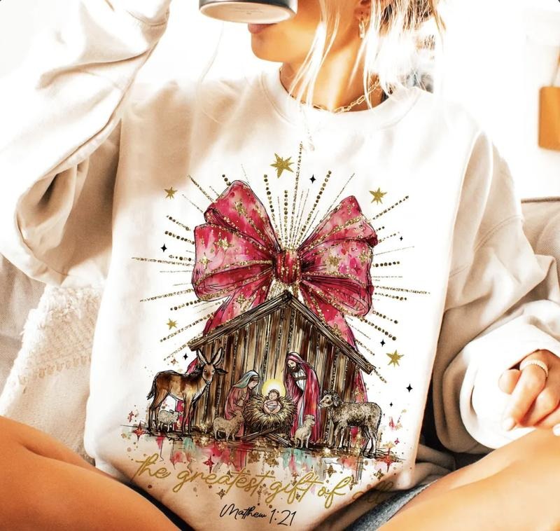 Brushstroke Preppy Christian Nativity Scene Cozy Sweatshirt, The Greatest Gift of All Matthew 1:21 Xmas Gifts, Hand Drawn...