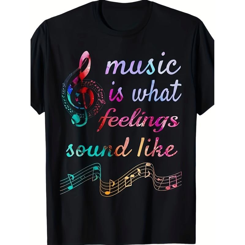 Burning Man1pc Men Casual Cotton T Shirt With Music Notes Print Geometric Design Loose Fit Round Neck Digital Heat...