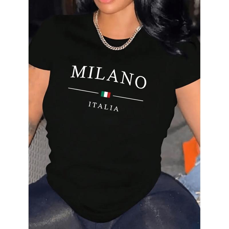 Burning Man1pc Women Casual Crew Neck T-Shirt With Italy Letter Print Polyester Knit Fabric Medium Stretch Fit...