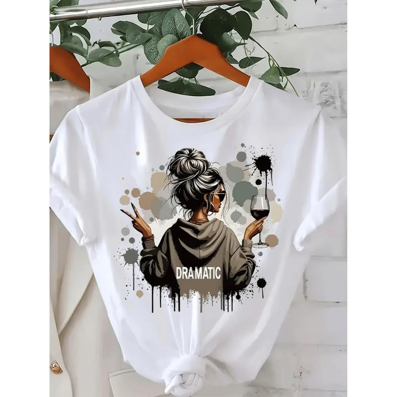 Burning Man1pc Women Casual Short Sleeve T-Shirt With Artistic Female Illustration Round Neck Regular Fit Machine...