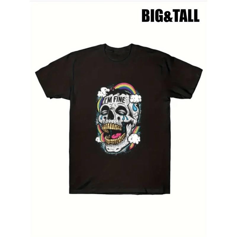 Burning ManBig Tall Happy Skull Printed Mens Cotton Round Neck Short Sleeve T Shirt Fashionable Comfortable Breathable...