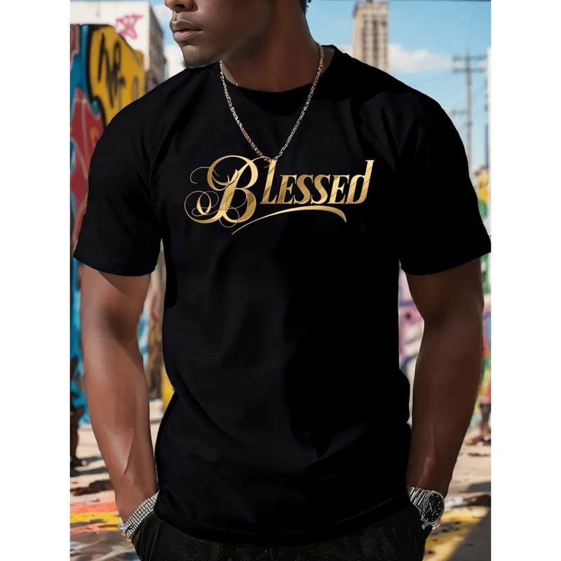 Burning ManBlessed Print T-Shirt For Men Plus Size 100 Cotton Short Sleeve Crew Neck Casual Stretch Tee Black Spring...