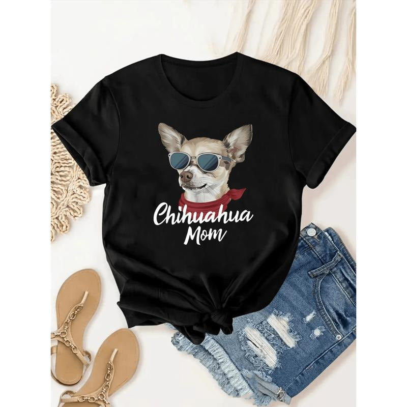 Burning ManChihuahua Print T-Shirt Women Casual Summer Top Animal Pattern Knit Fabric Round Neck Black Hoodie, Sweatshirt