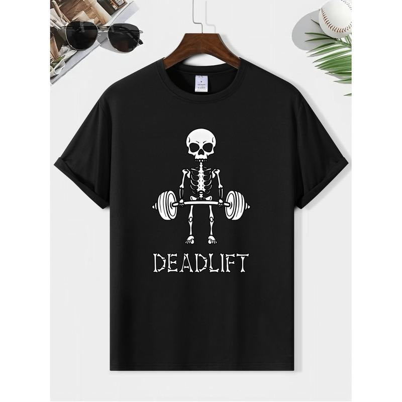 Burning ManDeadlift Skeleton Graphic T-Shirt For Men Black Cotton Casual Round Neck Short Sleeve Tee With Weightlifting...