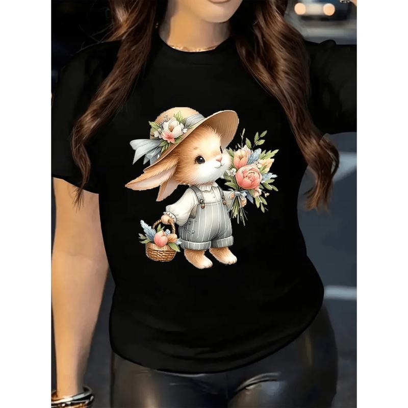 Burning ManElegant WomenS Bunny And Rose Floral Print Round Neck Short Sleeve Casual T-Shirt Ideal For Easter Gifts In...