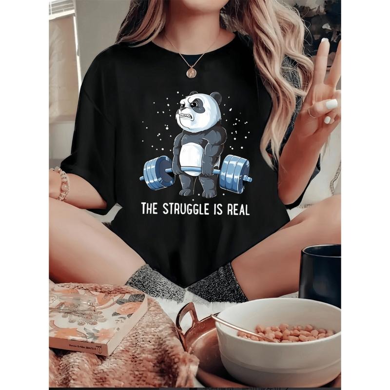 Burning ManFunny Gym Panda Print Women Casual Short Sleeve T Shirt For Summer Workouts Lounge Wear Black Relaxed Fit Tee...