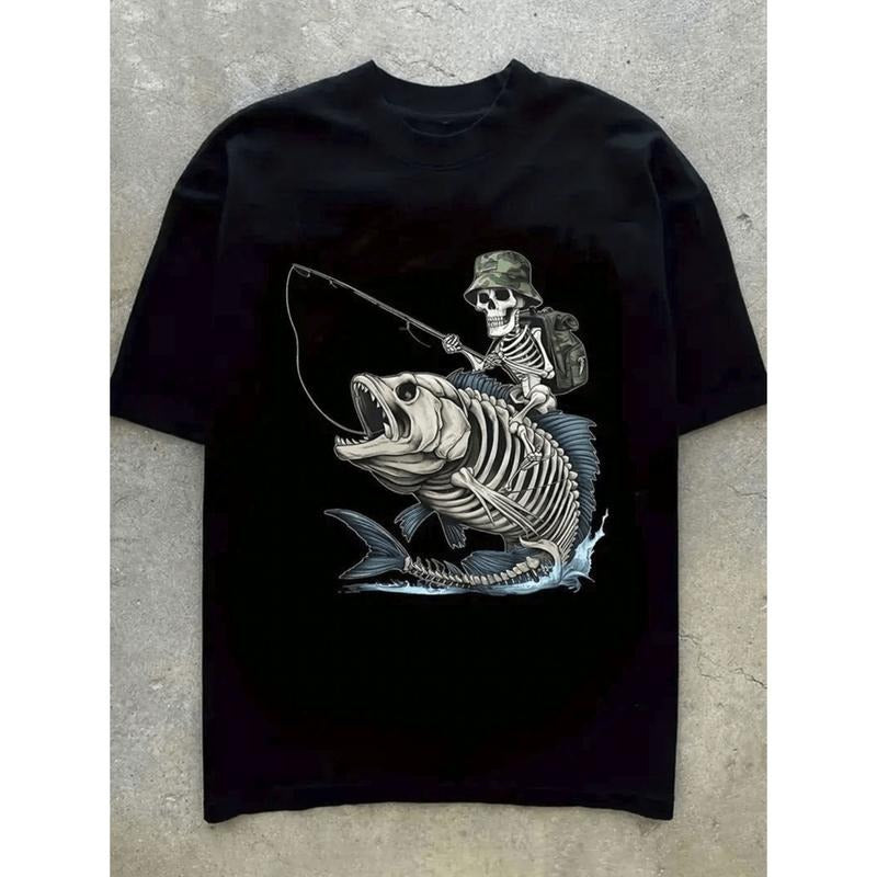 Burning ManMen's 100 Cotton Skull Fishing Graphic T-Shirt White Short Sleeve Crewneck Lightweight Breathable Casual...