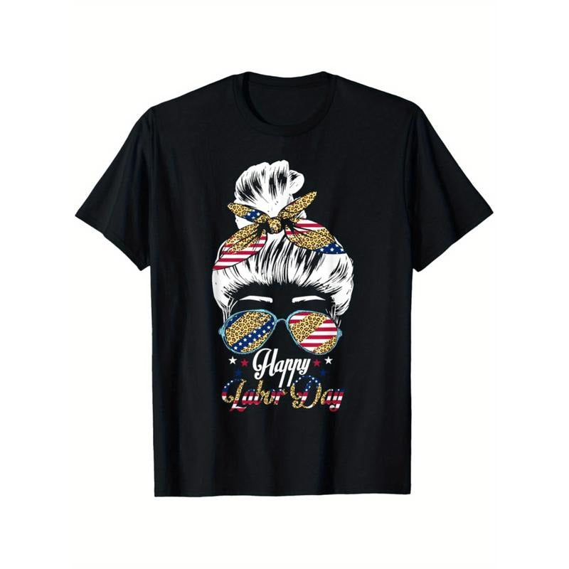 Burning ManPatriotic Labor Day T Shirt With American Flag And Messy Bun Graphic 100 Cotton Crew Neck Casual Tee Machine...