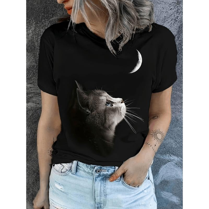 Burning ManStylish Cat Print Short Sleeve T-Shirt For Women Casual Crew Neck Top Perfect For Spring And Summer Wardrobe...