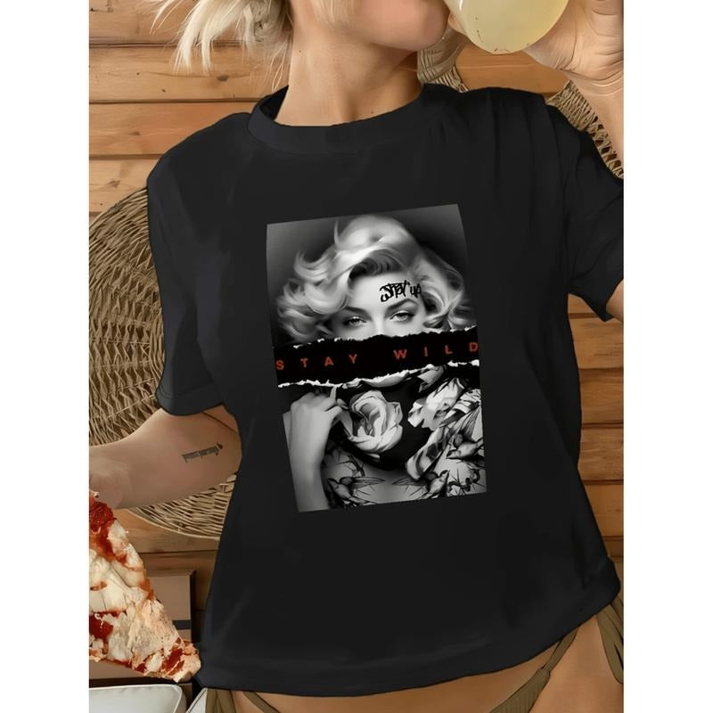 Burning ManStylish Letter Cartoon Print Womens Round Neck T Shirt Comfortable Breathable For Daily Leisure And Summer...