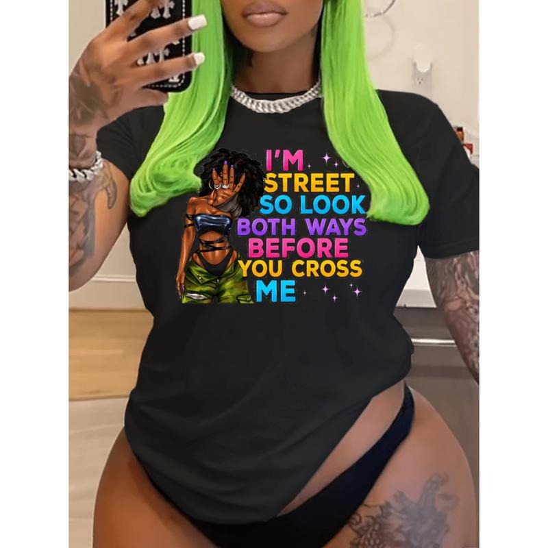 Burning ManStylish Plus Size Letter Print T Shirt Casual Crew Neck Short Sleeve Womens Black Top Hoodie, Sweatshirt