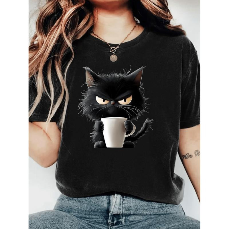 Burning ManWomen Casual Crew Neck T Shirt With Cat Print Polyester Blend Short Sleeve Pullover Top In Black Hoodie,...
