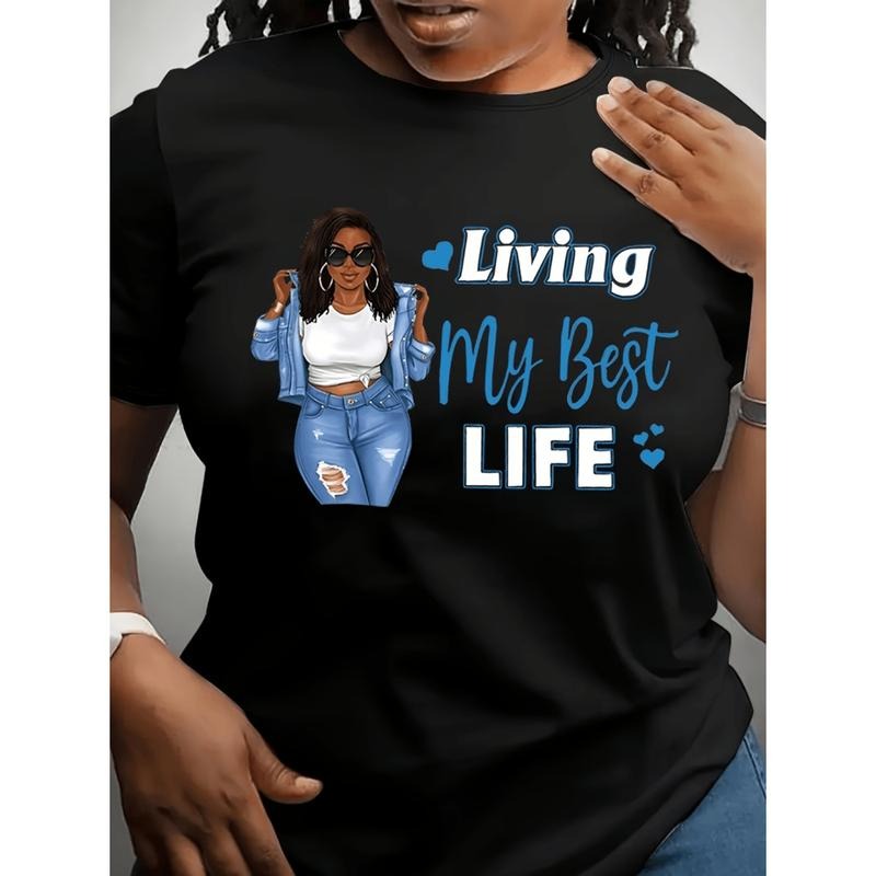 Burning ManWomen Plus Size Living Graphic T Shirt Stretchy Casual Short Sleeve Tee With Blue Lettering Round Neck...