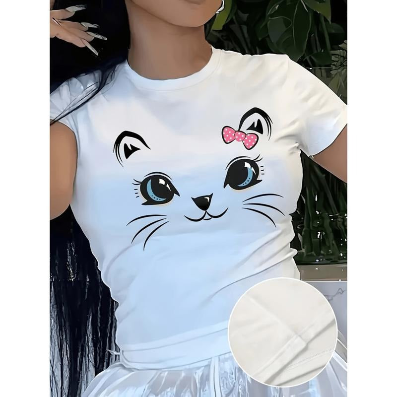 Burning ManWomen's Stylish Cat Graphic T-Shirt 100 Polyester Short Sleeve Crew Neck Casual Alphabet Print Top In 180g...