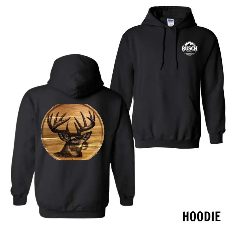 Busch Beer Menswear Hoodie, Sweatshirt, and T-Shirt with Wooden Deer Art Design