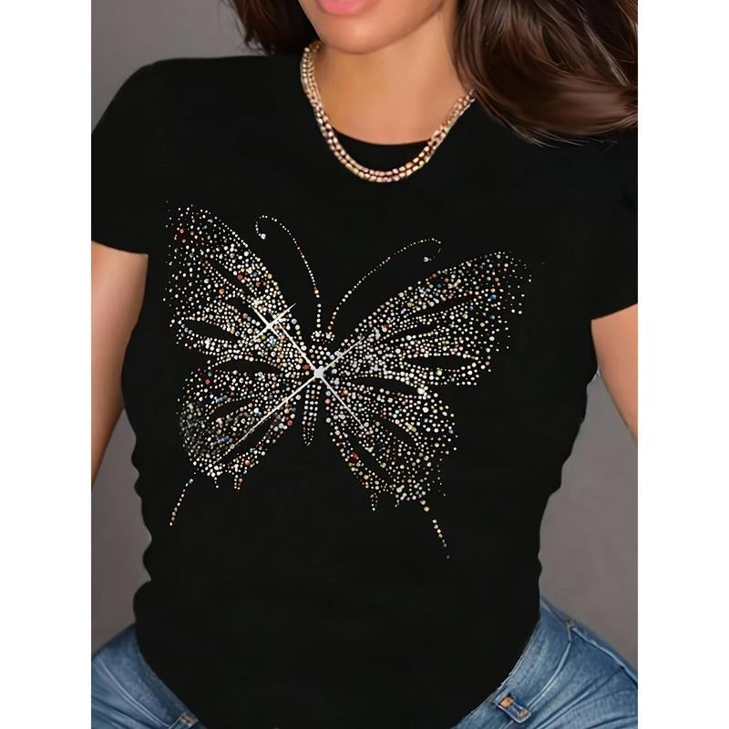 Butterfly Print Crew Neck T-shirt, Short Sleeve Casual Top For Spring & Summer, Women's Clothing Hoodie, Sweatshirt