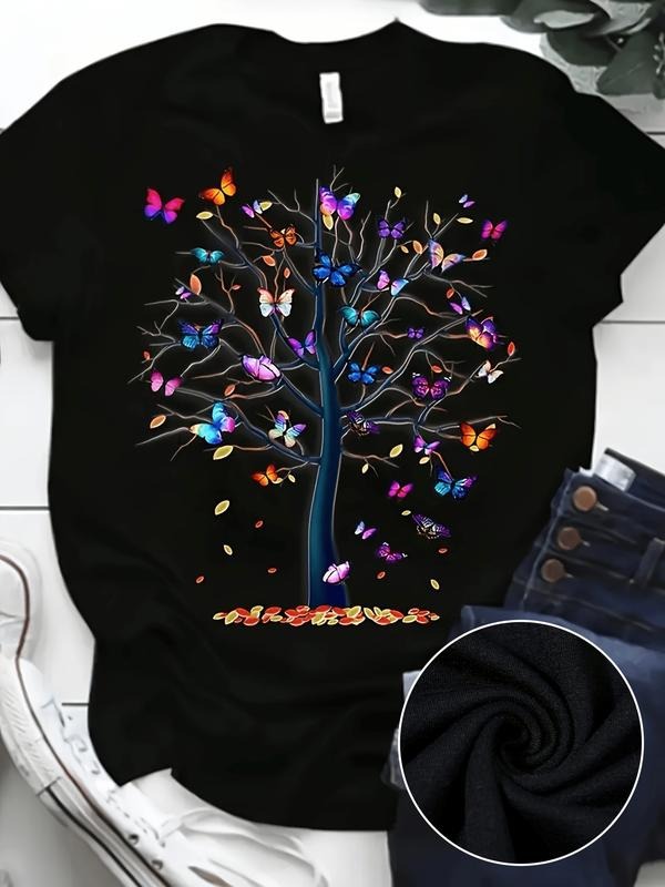 Butterfly Tree Print Crew Neck T-Shirt, Casual Short Sleeve T-Shirt For Spring & Summer, Women's Clothing Hoodie, Sweatshirt